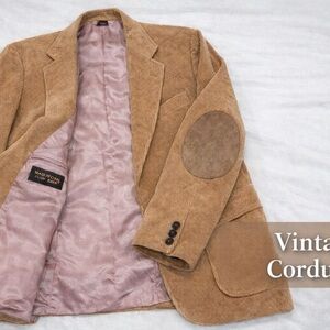 Vintage Varsity Town Mens Tan Corduroy Blazer w/ Elbow Patches Pink Satin Linin